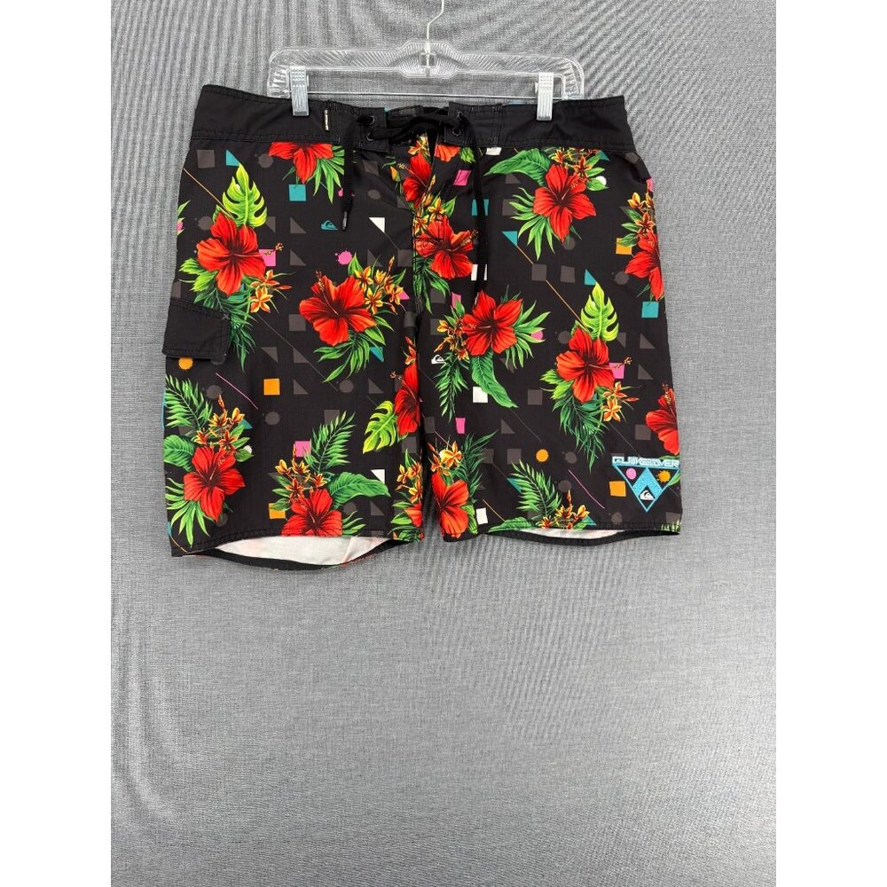 Vtg Quiksilver Board Shorts Floral Mens 38 9" Cargo Style Pocket Swim Trunks